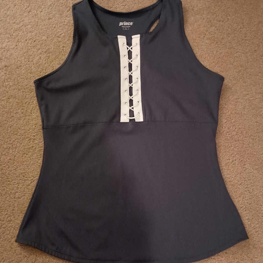 Prince Black Tennis‎ Prep Tank Top White Faux Lace-Up Detail Razorback Medium